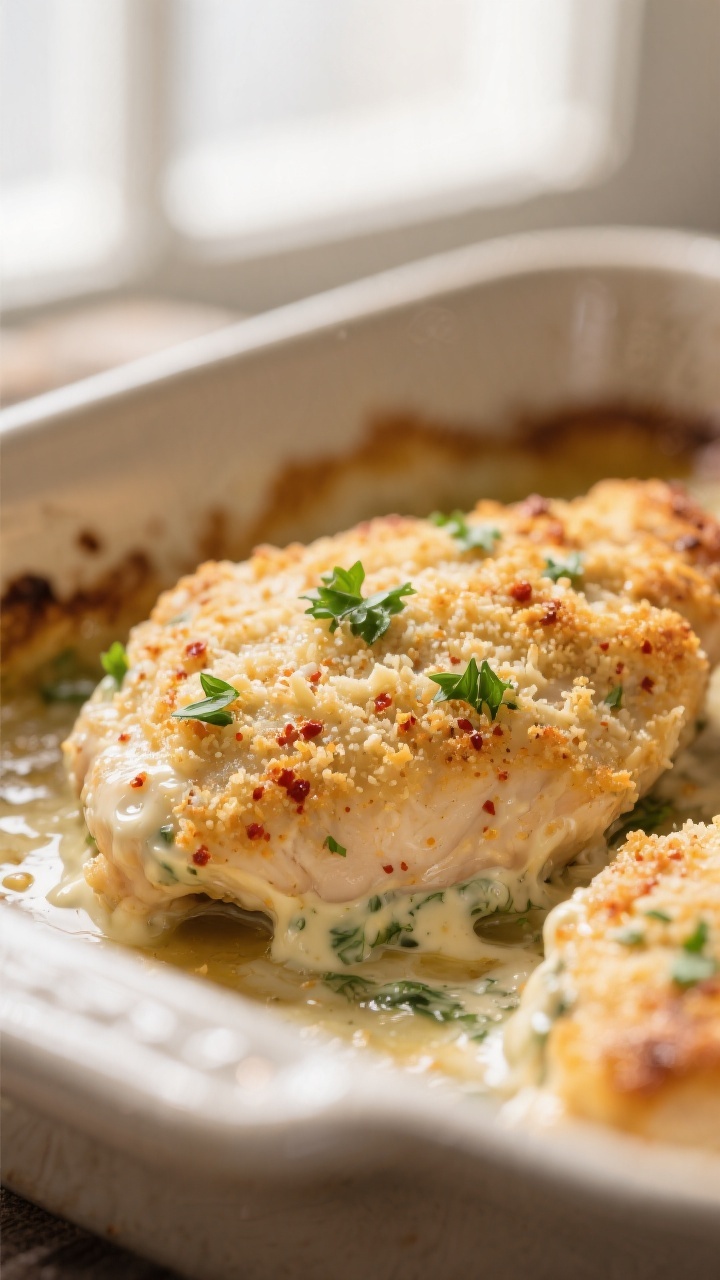 Close-up detail: Melt-In-Your-Mouth Baked Ranch Chicken just out of the oven, showing a golden, ligh