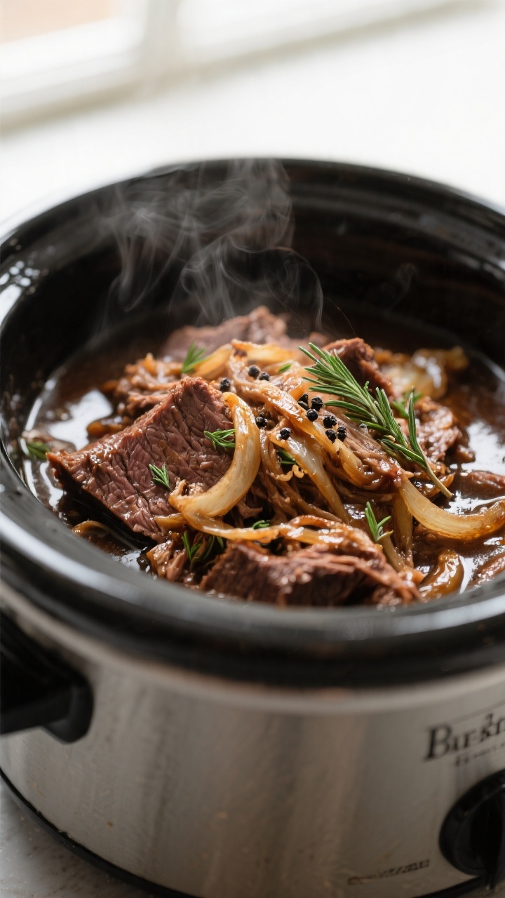 Close-up detail: Melt-in-your-mouth shredded chuck roast just returned to the slow cooker, glistenin