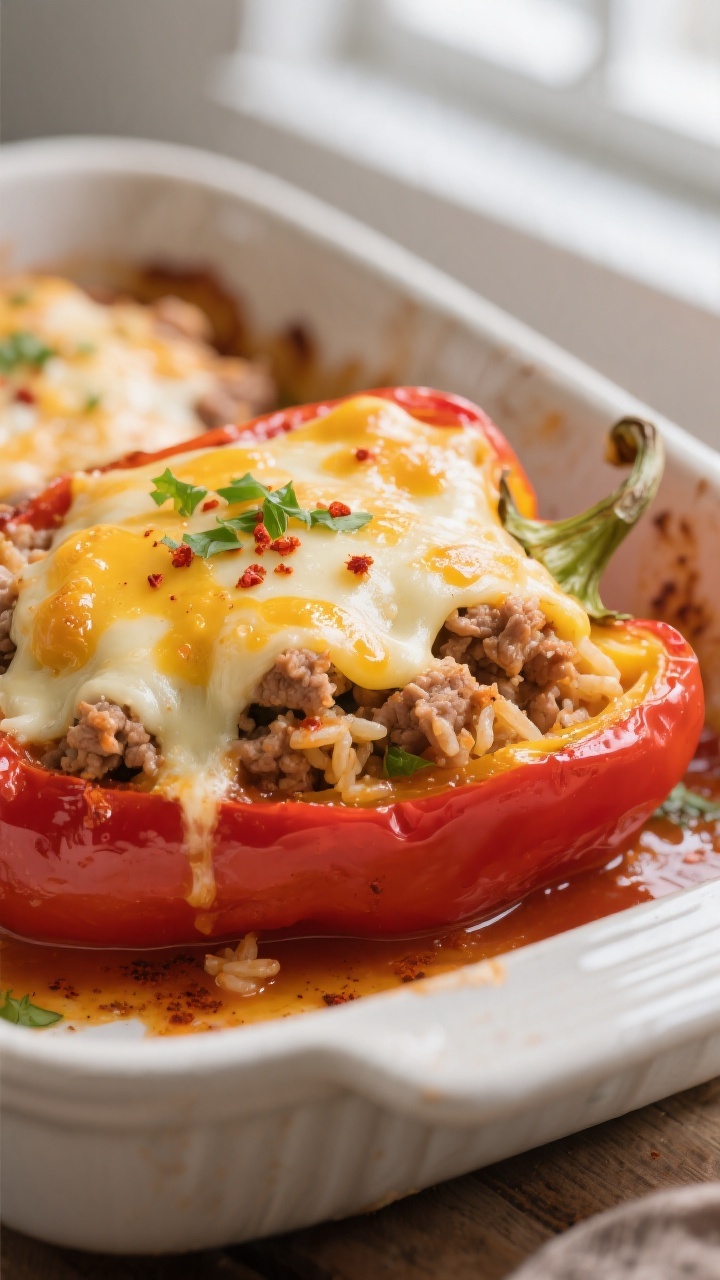 Close-up detail: Melted cheese-crowned ground turkey stuffed pepper just out of the oven, showing bu
