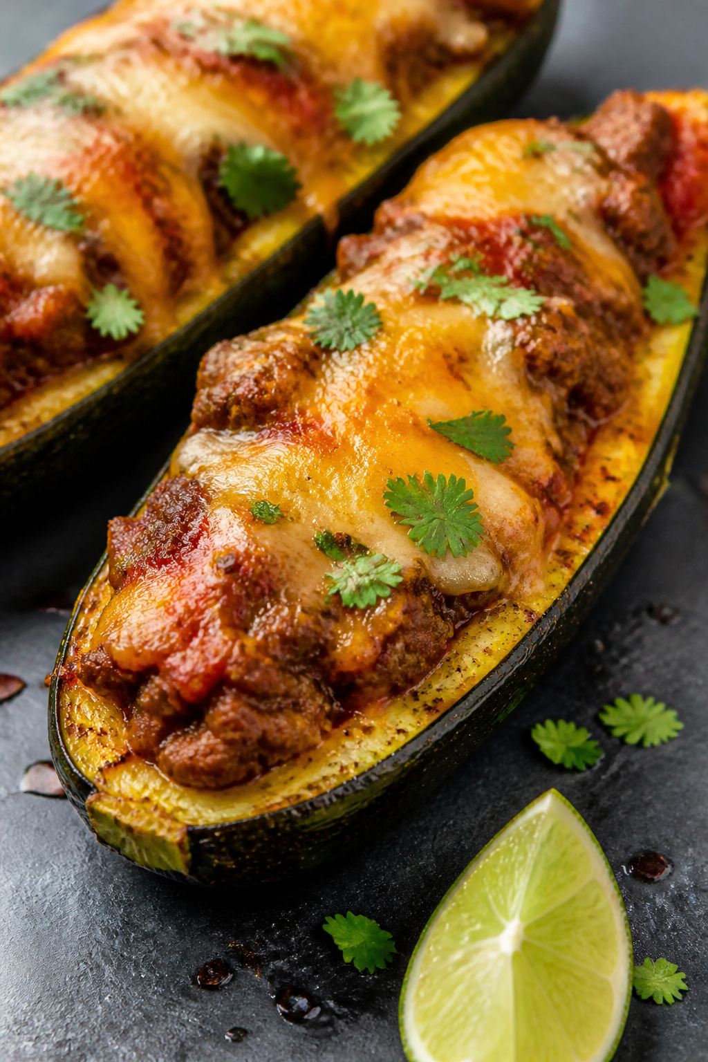 Close-up detail: Melted Mexican blend cheese bubbling over taco-seasoned ground beef tucked into roa