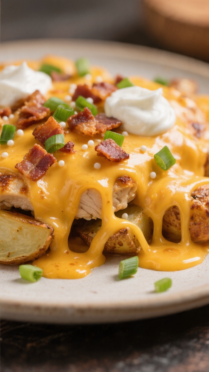 Close-up detail, : Melted sharp cheddar bubbling over juicy chicken and roasted potatoes, strands of