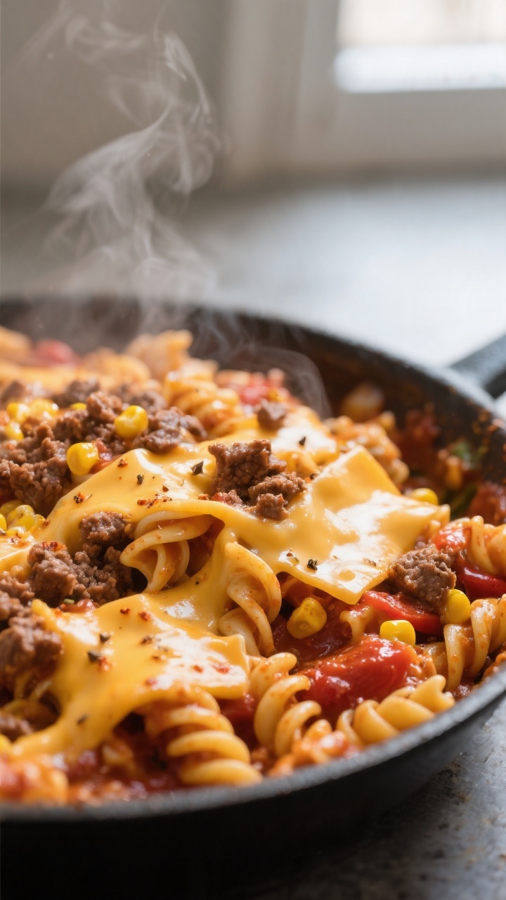 Close-up detail: Melty, cheese-lacquered taco pasta mid-stir in a deep skillet, cooked rotini coated