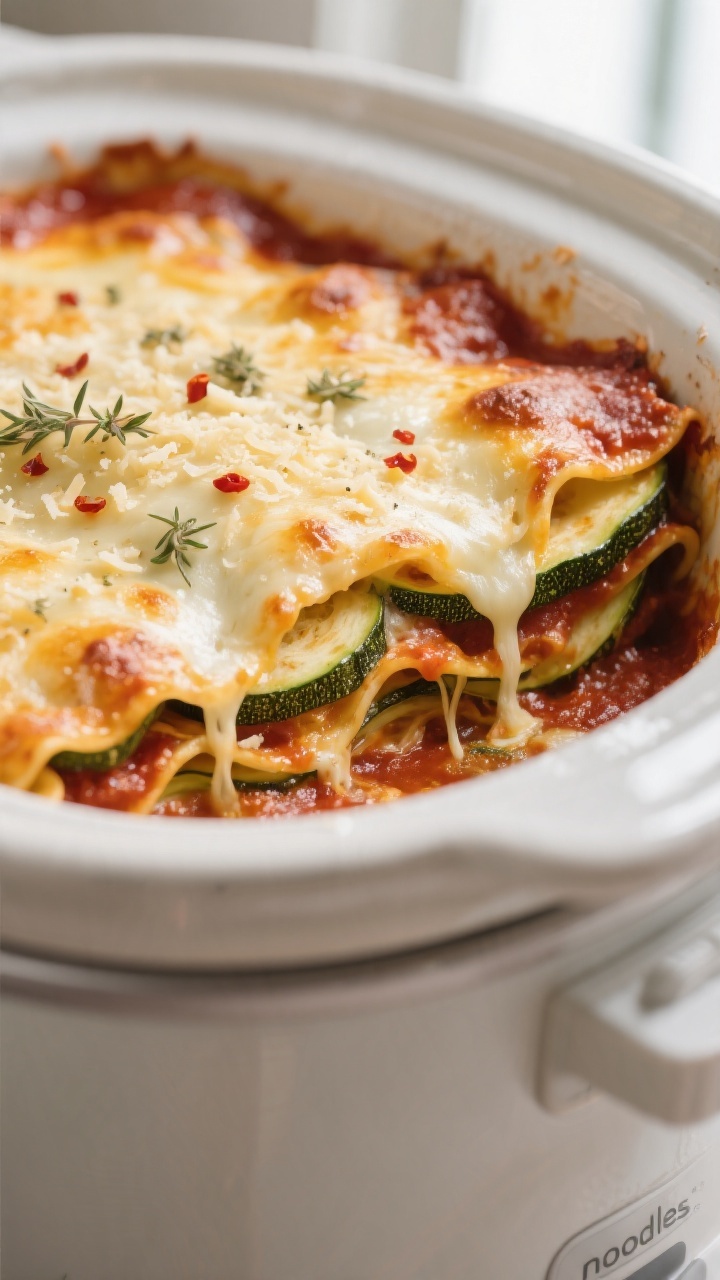 Close-up detail of a cheesy, bubbling zucchini lasagna just finished in the slow cooker: golden, lig