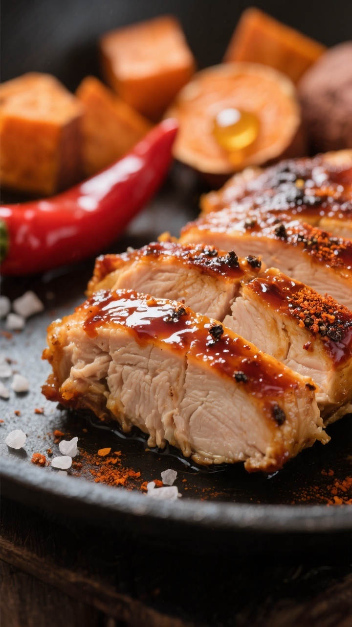 Close-up detail of a sliced BBQ-glazed chicken thigh resting on the pan: juicy interior visible, lac