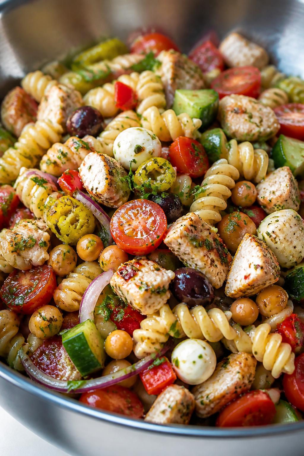 Close-up detail of al dente rotini pasta salad just after mixing, showing glossy ridged spirals catc