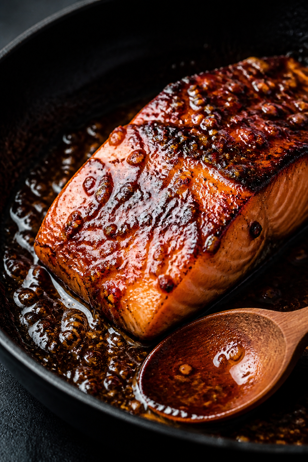 Close-up detail of caramelized Firecracker Salmon in a cast-iron skillet during the glaze step: sear