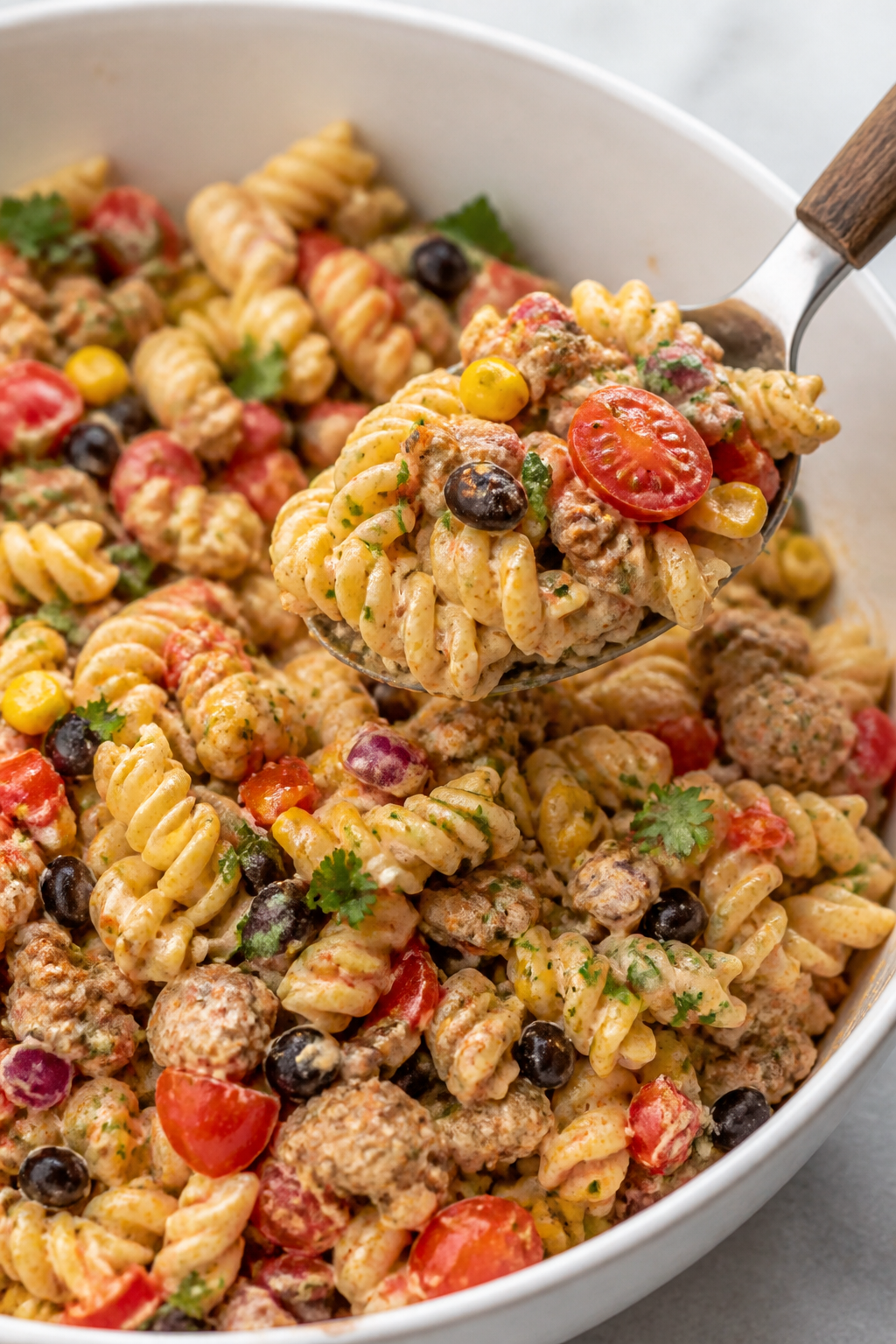 Close-up detail of creamy taco pasta salad being tossed in a large mixing bowl: al dente rotini coat