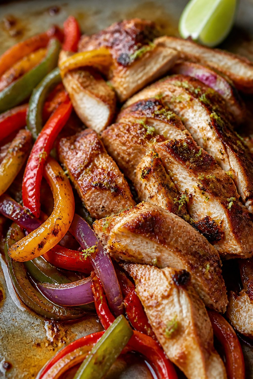 Close-up detail of sliced, oven-roasted chicken taco meat just after resting, tossed in pan juices w