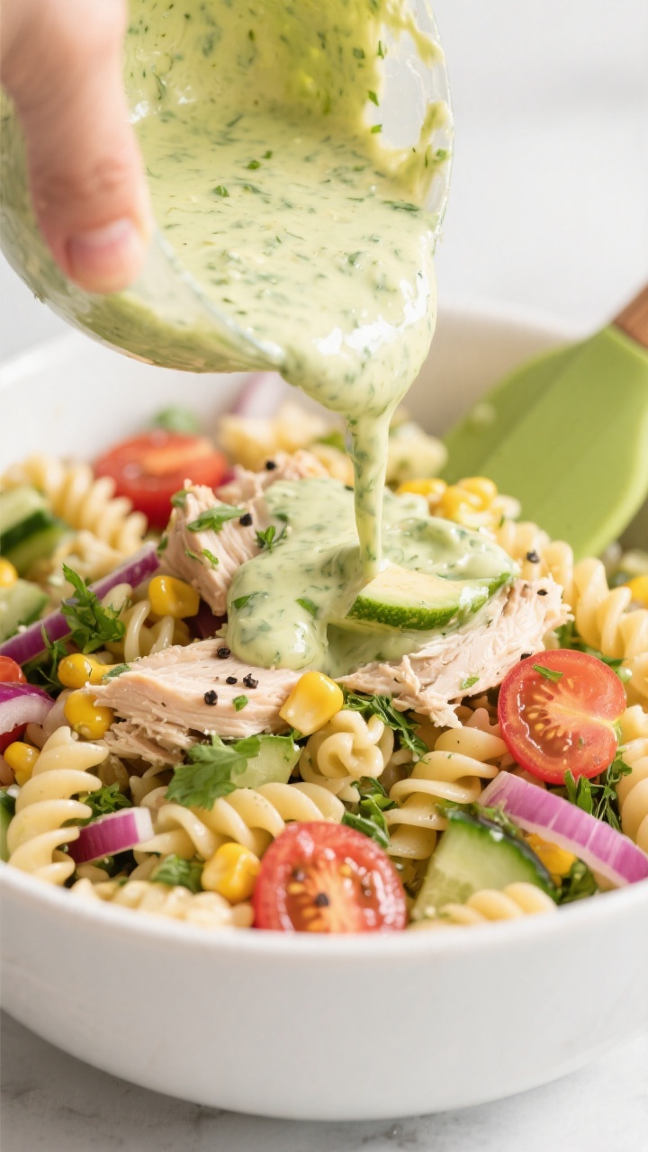 Close-up detail of the creamy avocado ranch being poured over the assembled pasta salad: silky pale-
