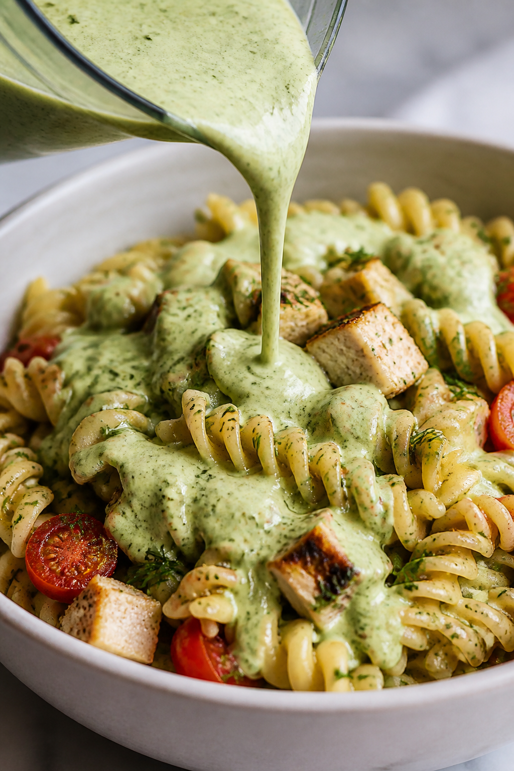 Close-up detail of the creamy avocado ranch dressing being poured over al dente rotini in a large bo