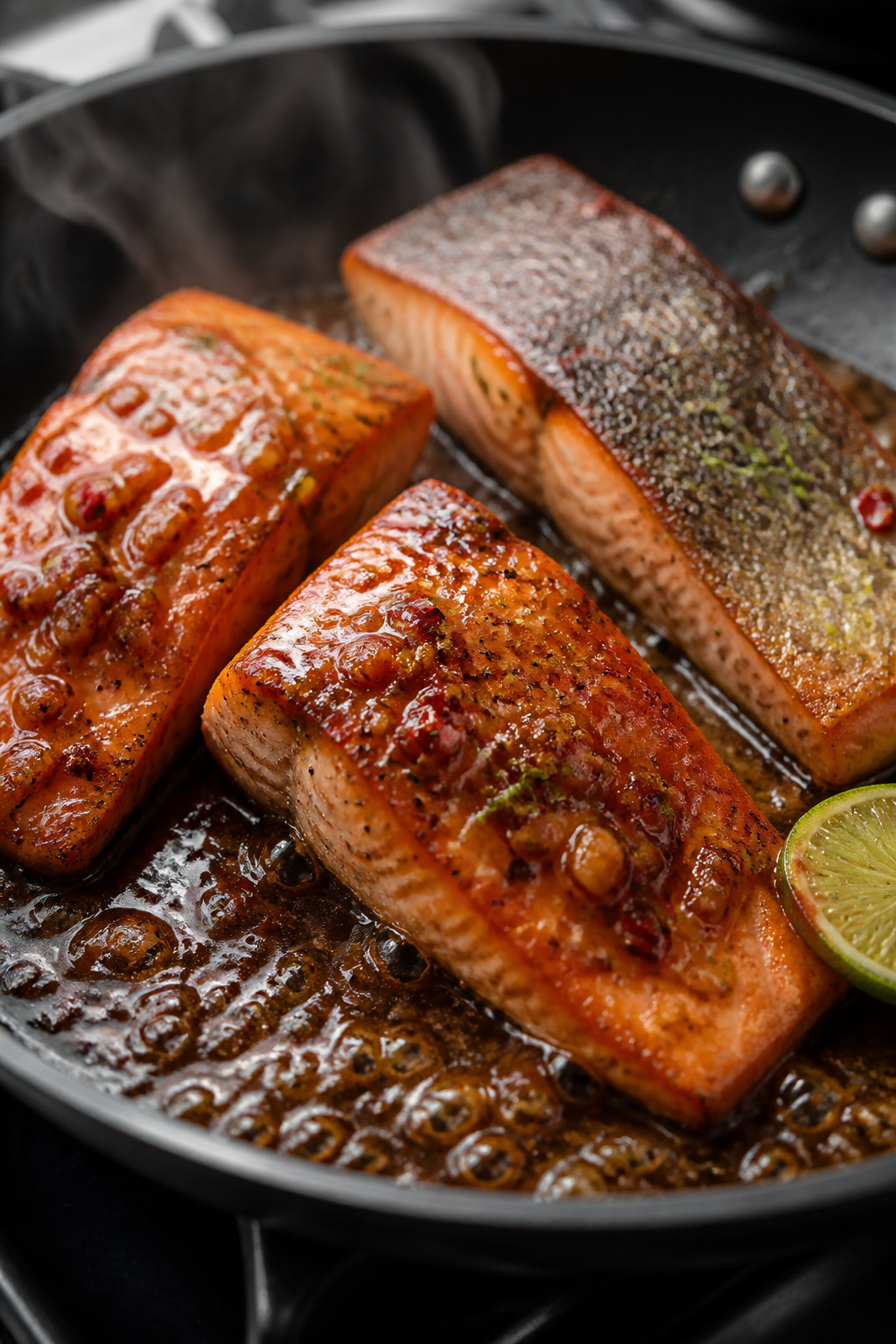 Close-up detail: Pan-seared honey lime salmon in a nonstick skillet right after glazing, showing car