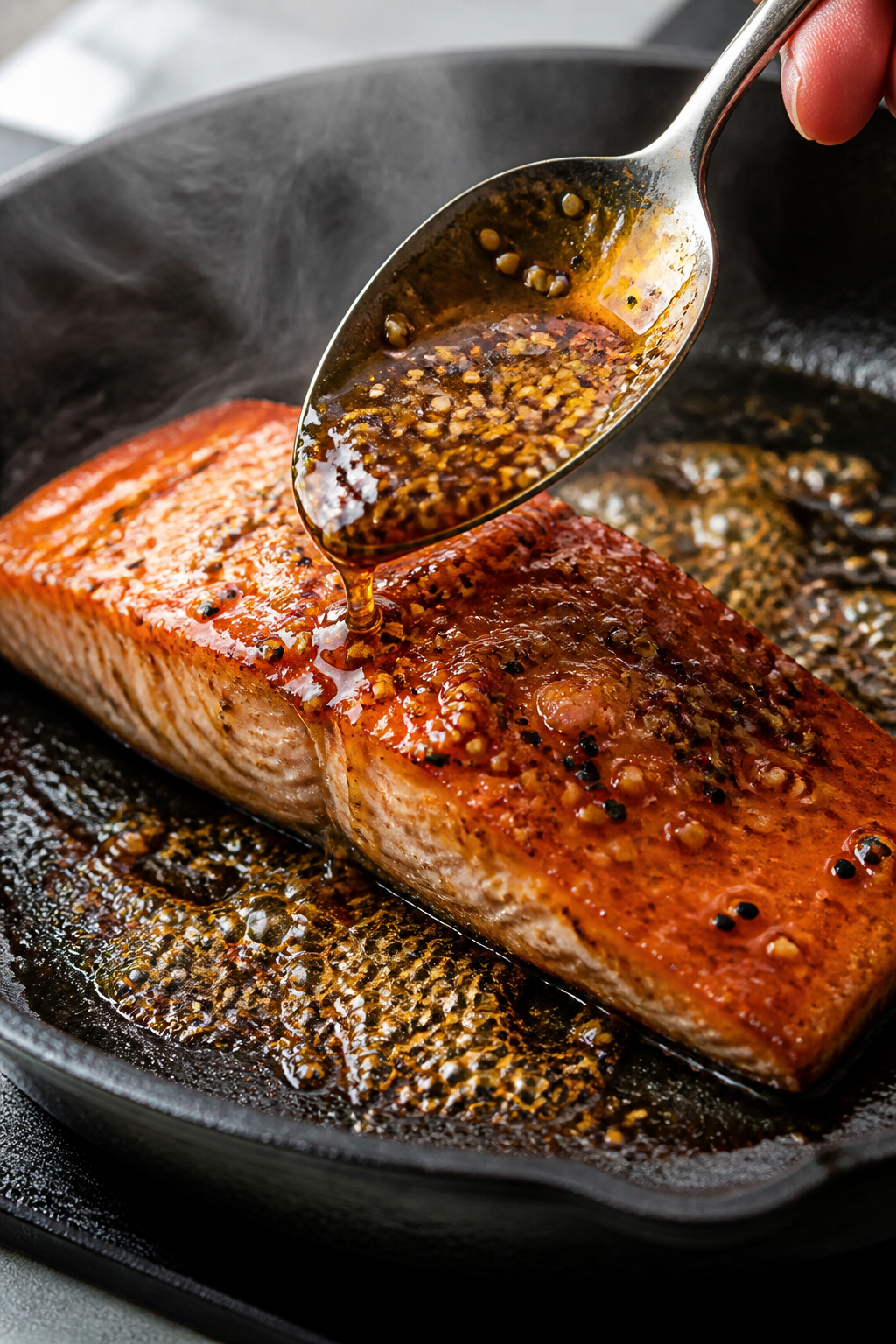 Close-up detail: Pan-seared maple soy glazed salmon fillet in a skillet mid-baste, glossy glaze bubb