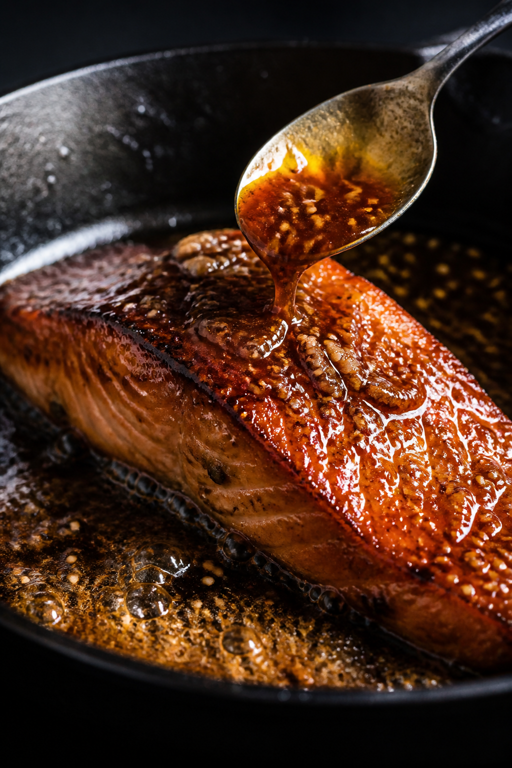 Close-up detail: Pan-seared teriyaki salmon fillet mid-cook in a cast-iron skillet, flipped flesh-si