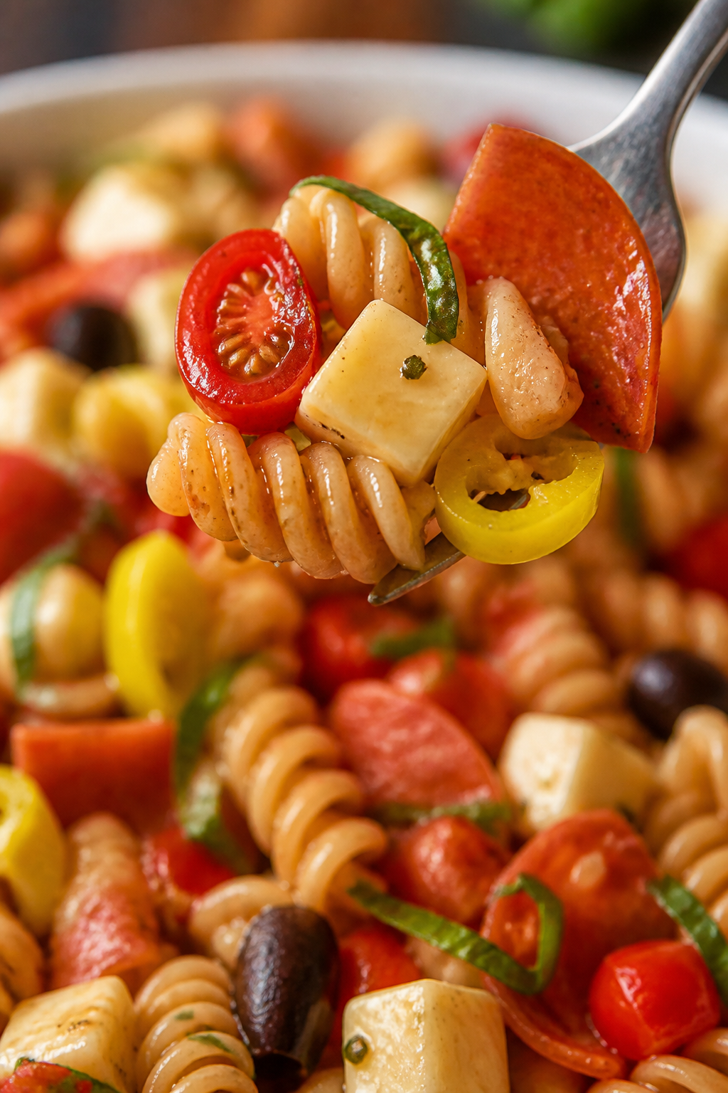 Close-up detail, : Pepperoni pizza pasta salad fully assembled, focusing on a forkful lifted above t