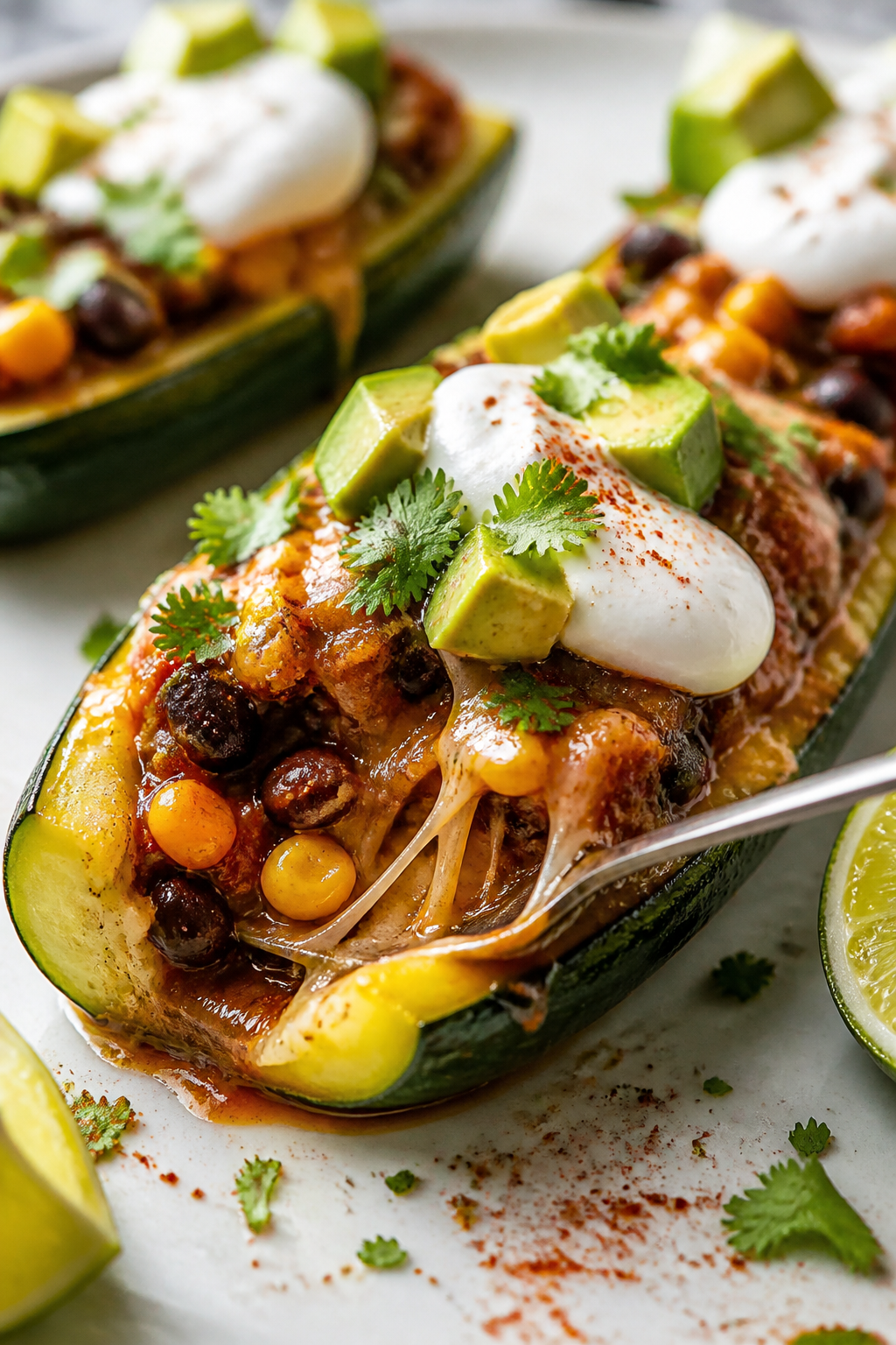 Close-up detail, plated final dish: Single zucchini boat on a matte white plate with two more slight