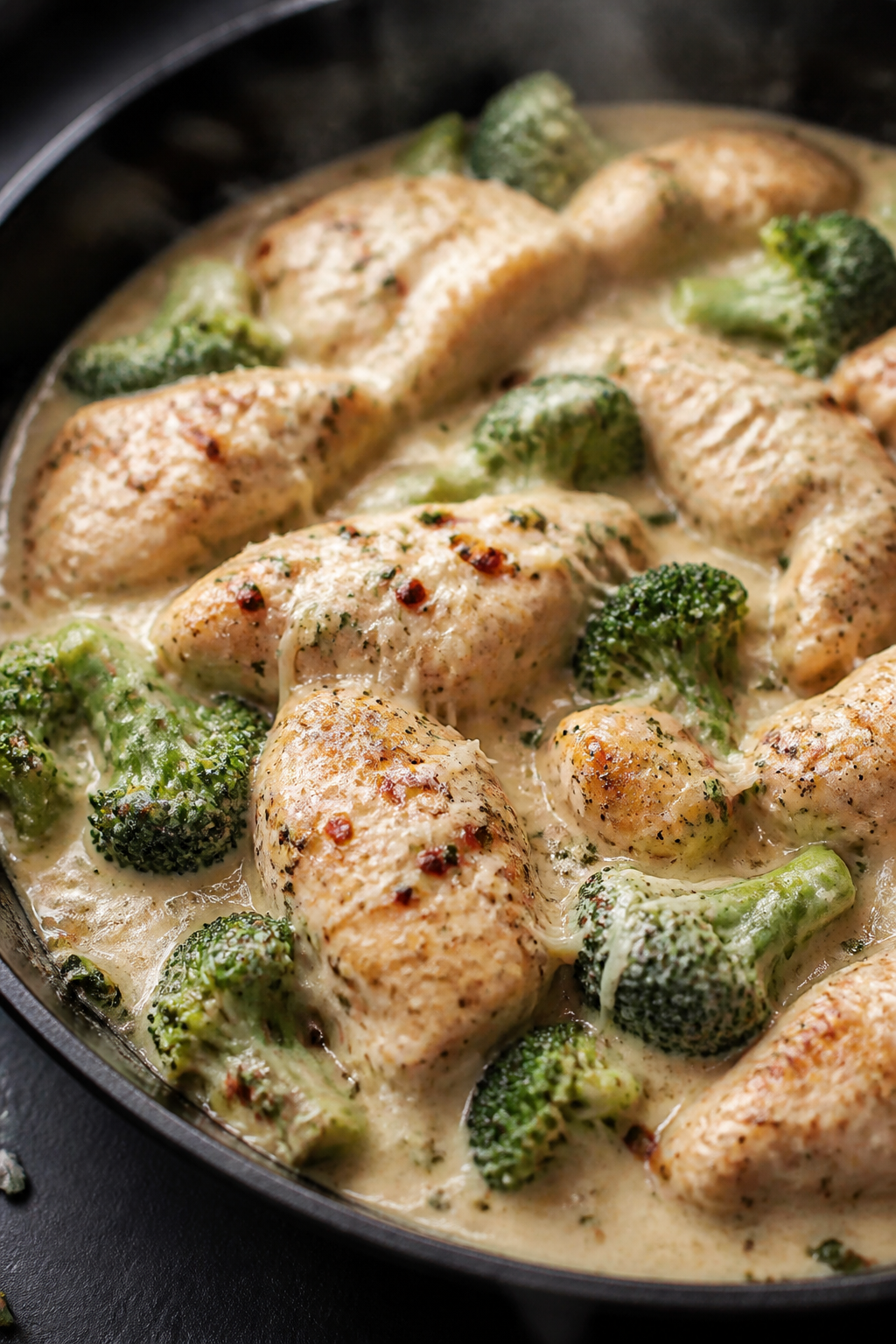 Close-up detail: Sautéed chicken pieces just returned to the skillet and coated in a silky cream ch