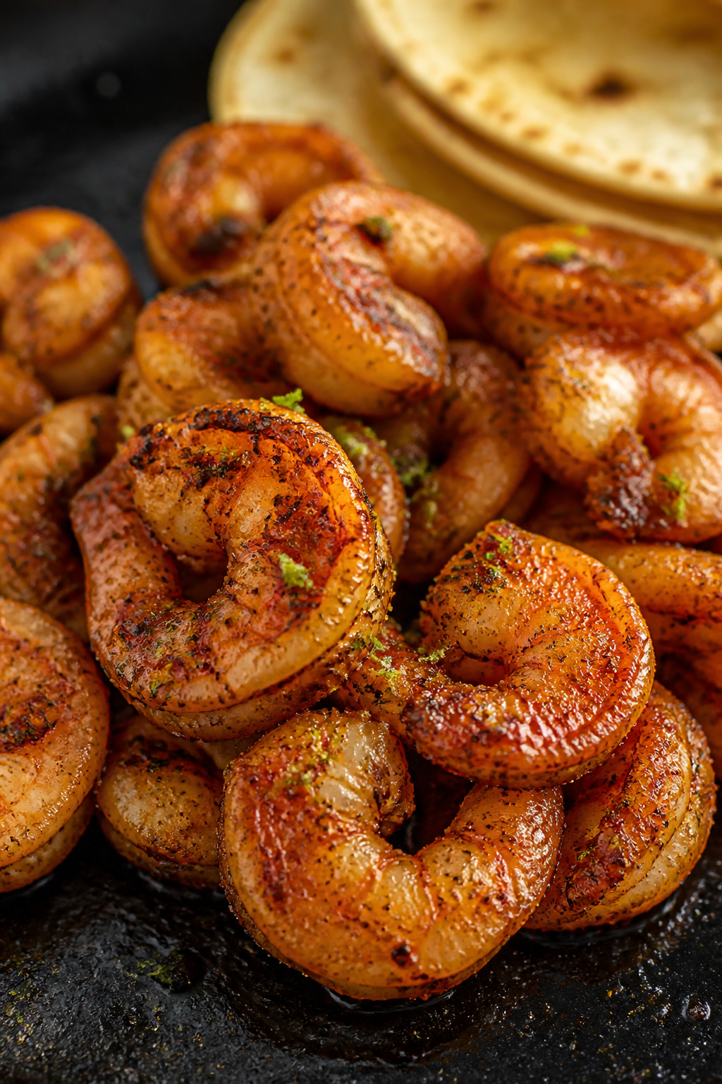 Close-up detail: Sautéed Mexican shrimp just off the skillet, glistening with chili powder, cumin, 