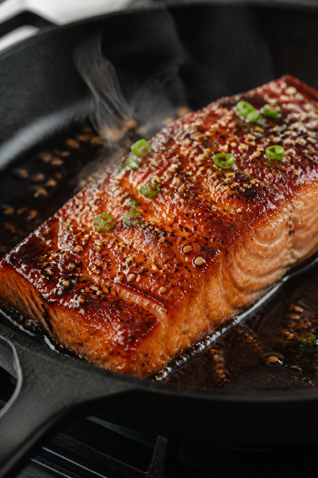 Close-up detail: Sear-and-bake teriyaki salmon in a hot oven-safe skillet, skin-side down, showing c