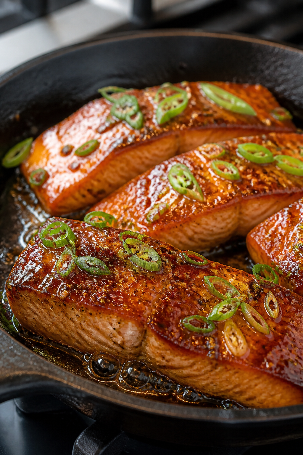 Close-up detail: Sear-and-finish Sweet Heat Glazed Salmon in an oven-safe skillet, skin-side down, g