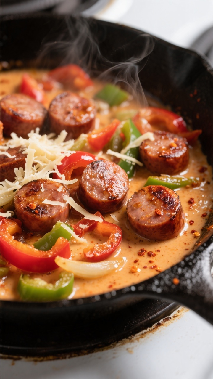Close-up detail: Seared andouille sausage rounds nestled with sautéed red and green bell peppers an