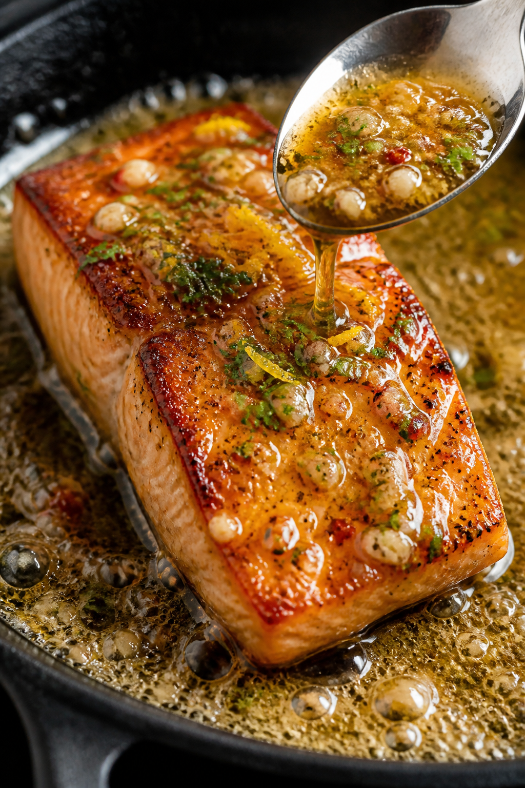 Close-up detail: Seared salmon fillet in a skillet just after flipping, bathed in bubbling sweet gar