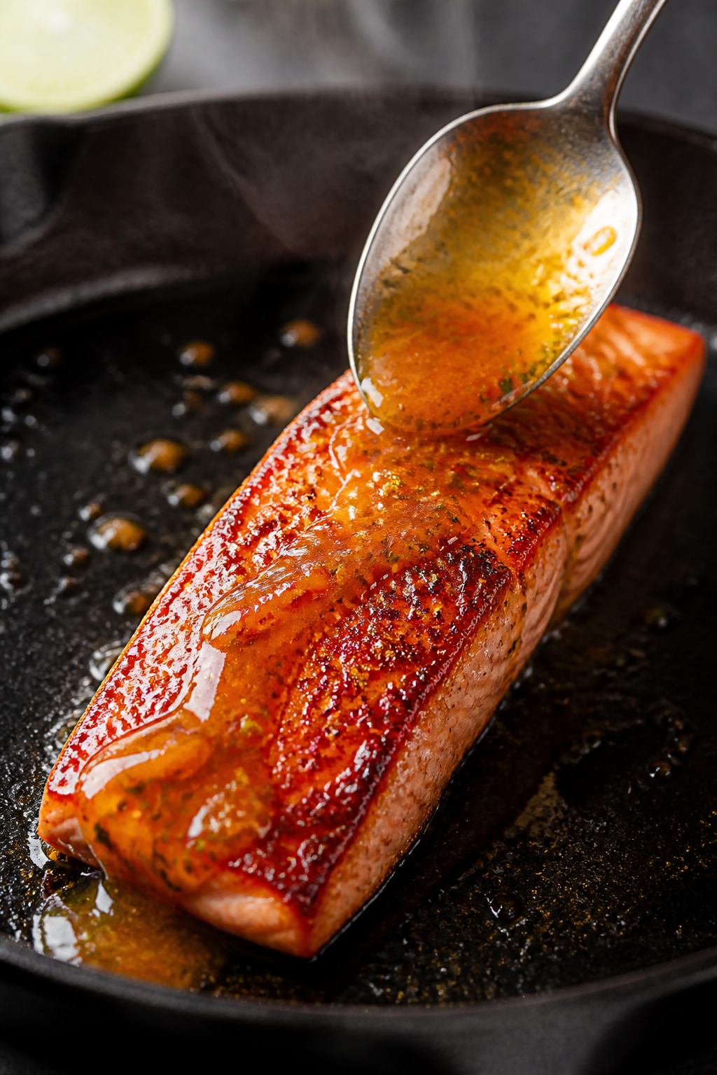 Close-up detail: Seared salmon fillet skin-side down in a cast-iron skillet mid-cook, showing crisp,