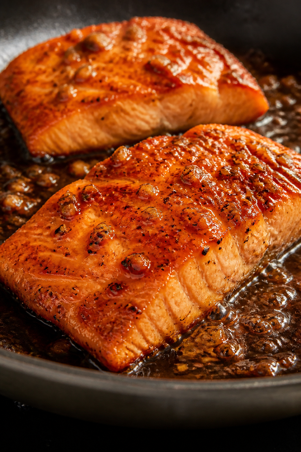 Close-up detail: Searing apple cider–glazed salmon fillets in an oven-safe skillet, skin-side down