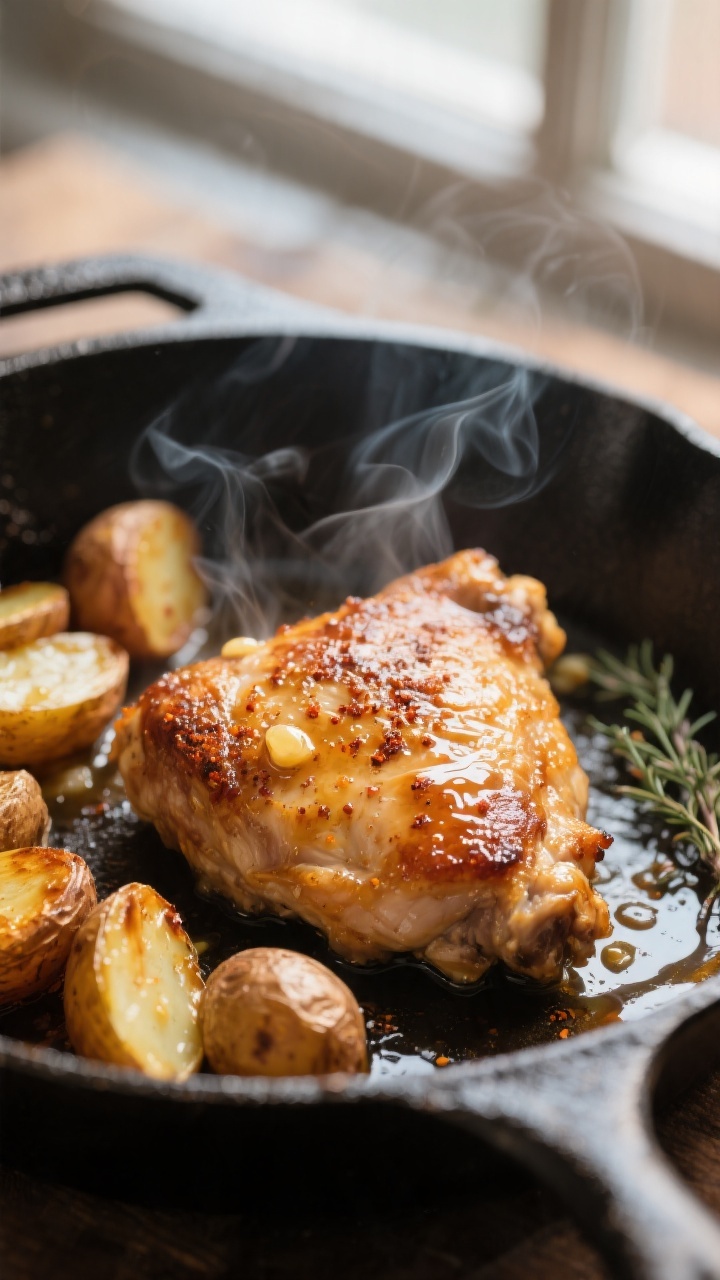 Close-up detail: Searing chicken thighs skin-side down in a cast-iron skillet, skin rendered deeply 