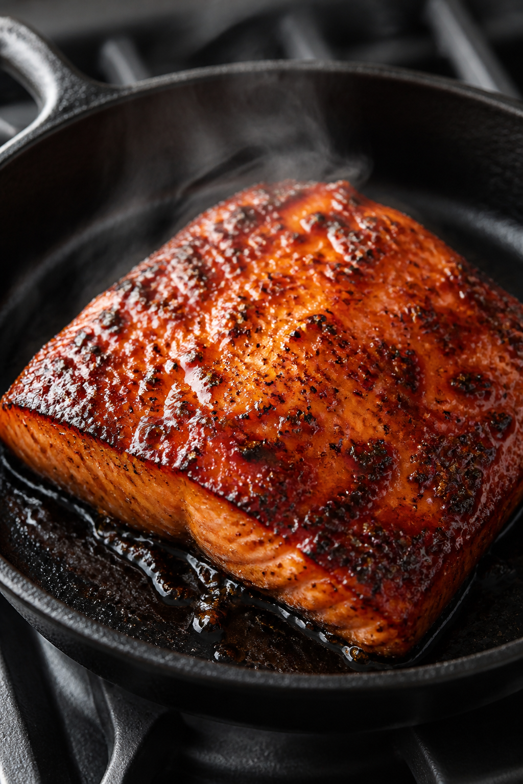 Close-up detail: Searing chipotle honey–glazed salmon fillet in a hot oven-safe skillet, skin-side