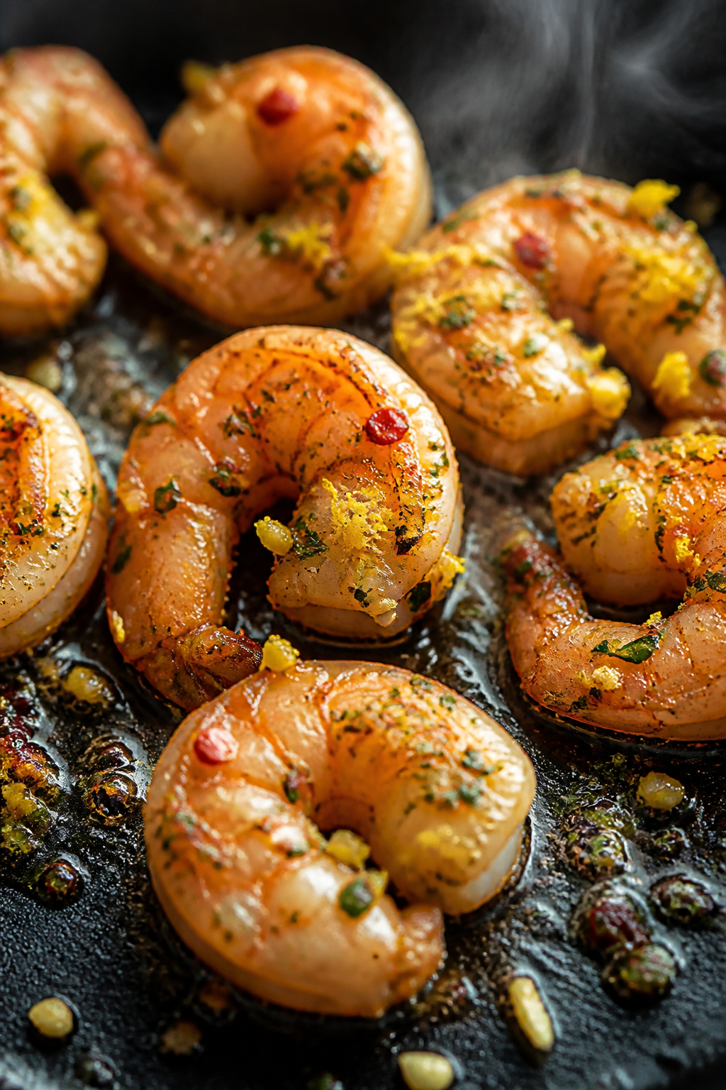 Close-up detail: Searing garlic-herb shrimp in a skillet, golden edges and light char visible on opa