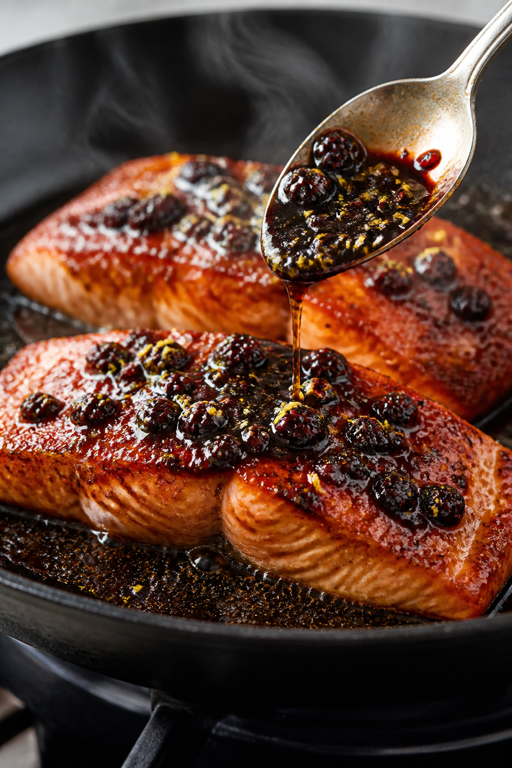 Close-up detail: Searing salmon fillet in a hot skillet, skin-side down, edges turning opaque halfwa