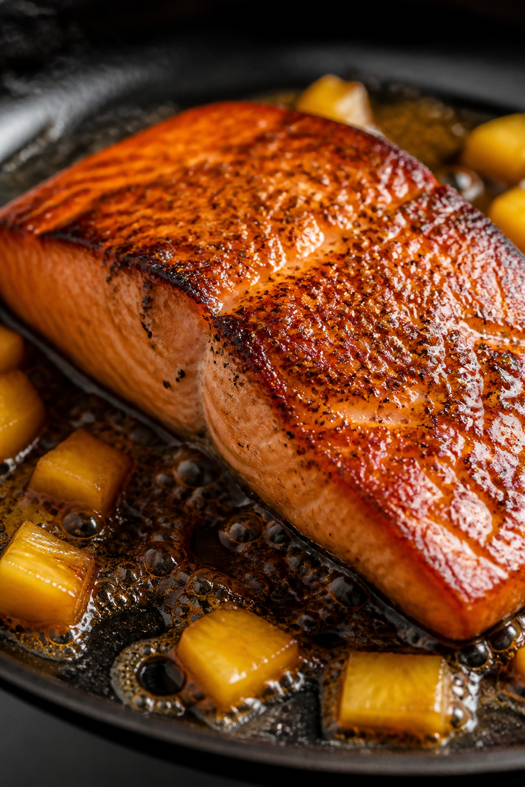 Close-up detail: Searing salmon fillet in a skillet at medium-high heat, presentation side down with