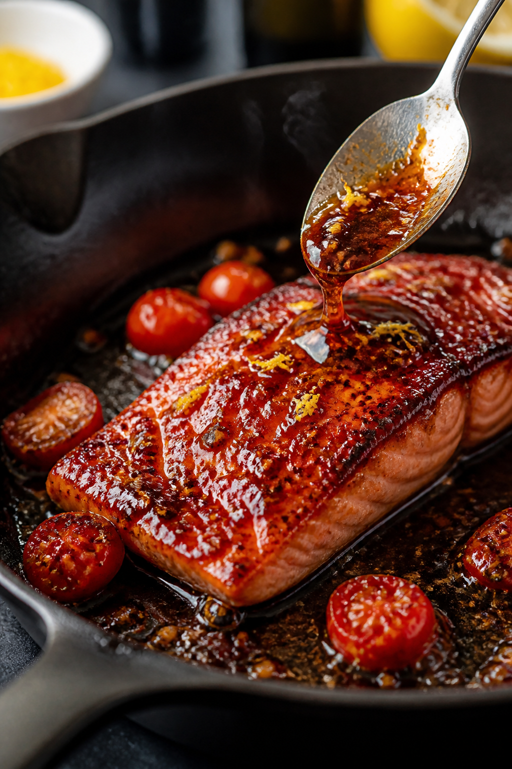Close-up detail: Searing salmon fillet in an oven-safe skillet, skin-side down, edges turning opaque