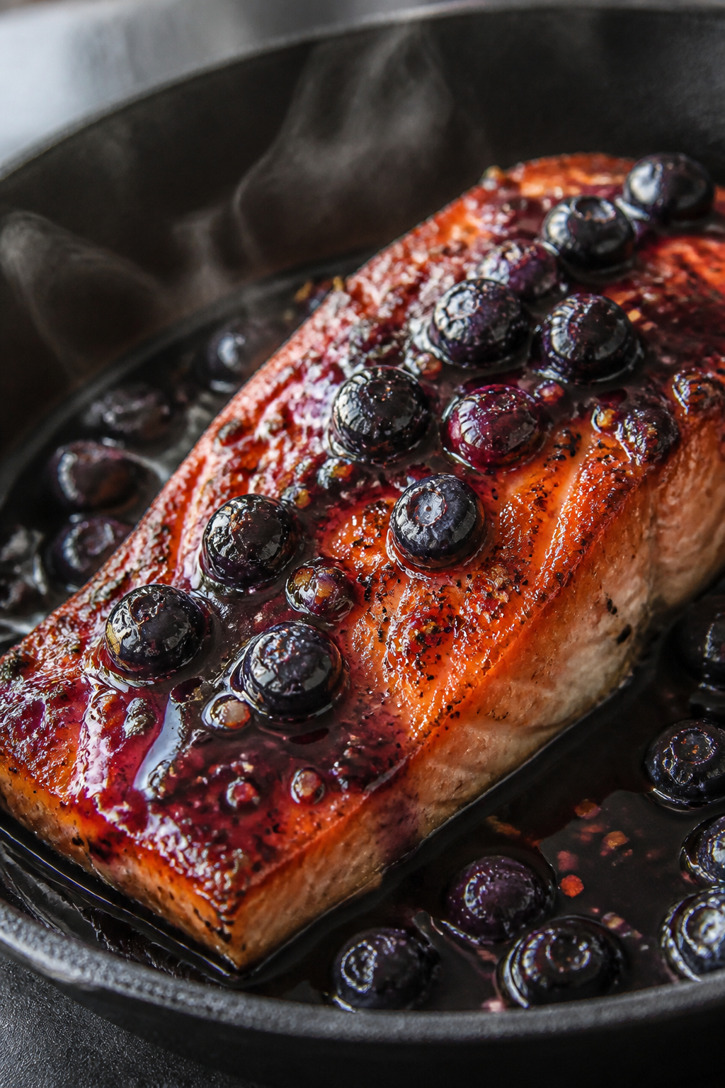 Close-up detail: Searing salmon fillet skin-side down in a dark cast-iron skillet, edges turning opa