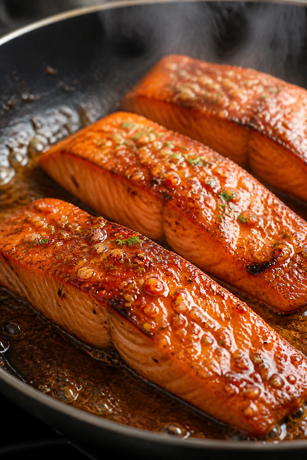 Close-up detail: Searing salmon fillets in a hot, oven-safe skillet, presentation side down, showing