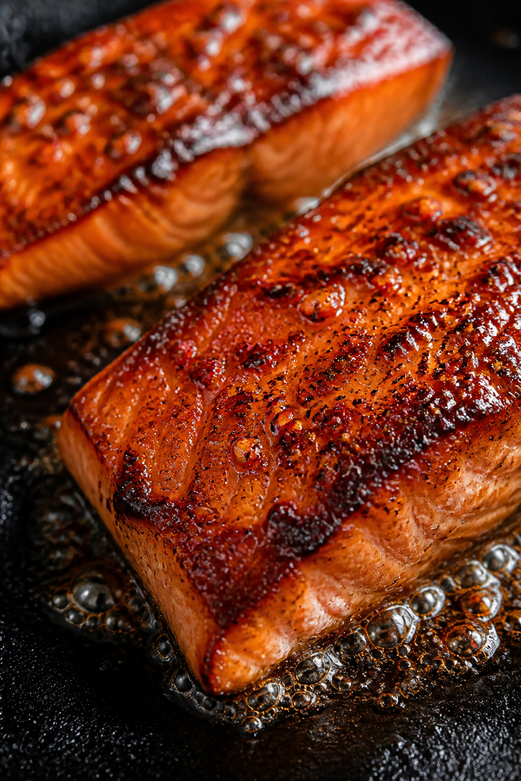 Close-up detail: Searing salmon fillets in a preheated cast-iron skillet, presentation side down, sh