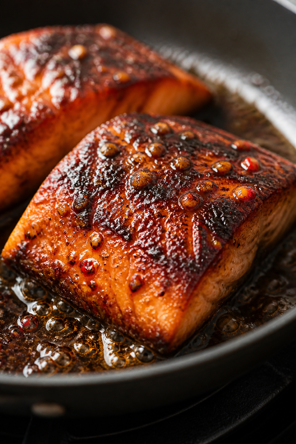 Close-up detail: Searing salmon fillets in an oven-safe skillet, presentation side down, showing dee