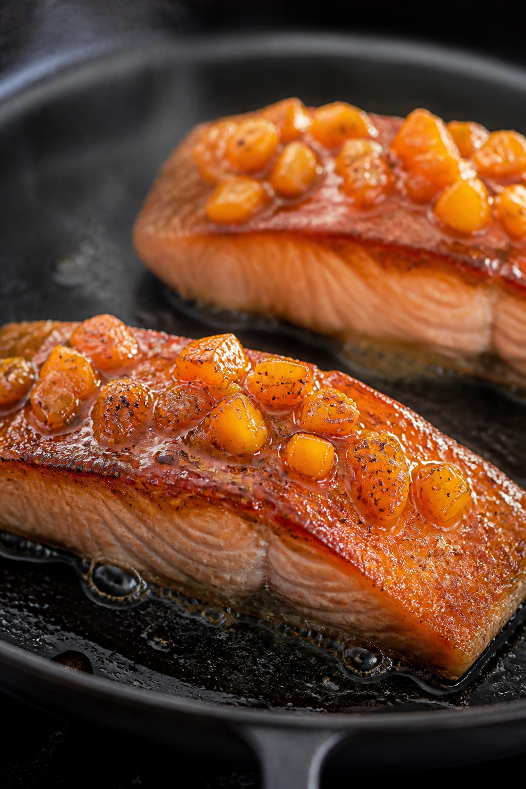 Close-up detail: Searing salmon fillets skin-side down in a hot cast-iron skillet, crisped golden-br