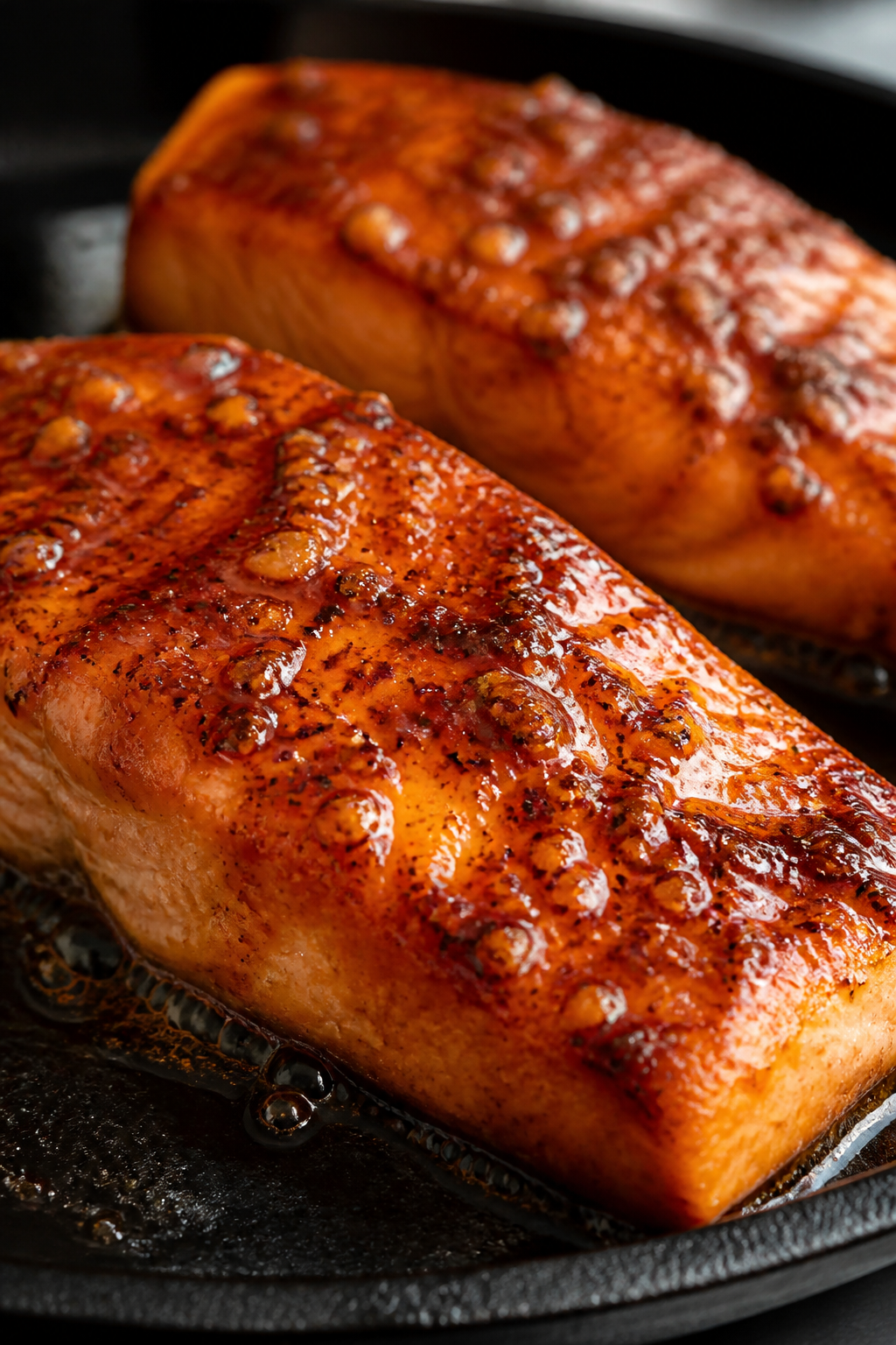 Close-up detail: Searing salmon fillets skin-side down in an oven-safe skillet, the skin crisping an