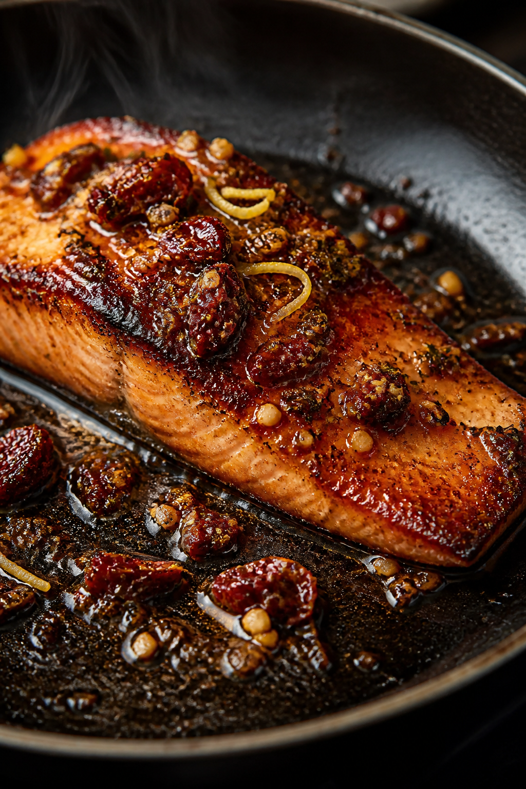 Close-up detail: Searing Tuscan glazed salmon fillet in a skillet, presentation side down, showing c