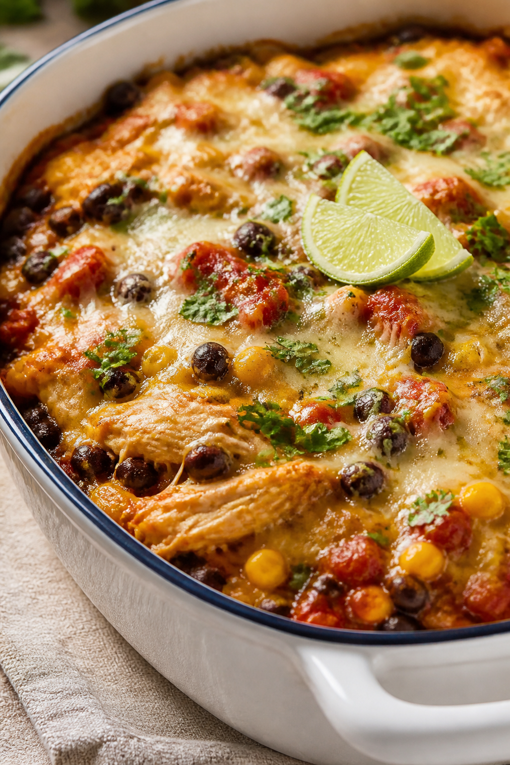 Close-up detail shot: A bubbling Mexican chicken bake just after the cheese has melted—thin slices