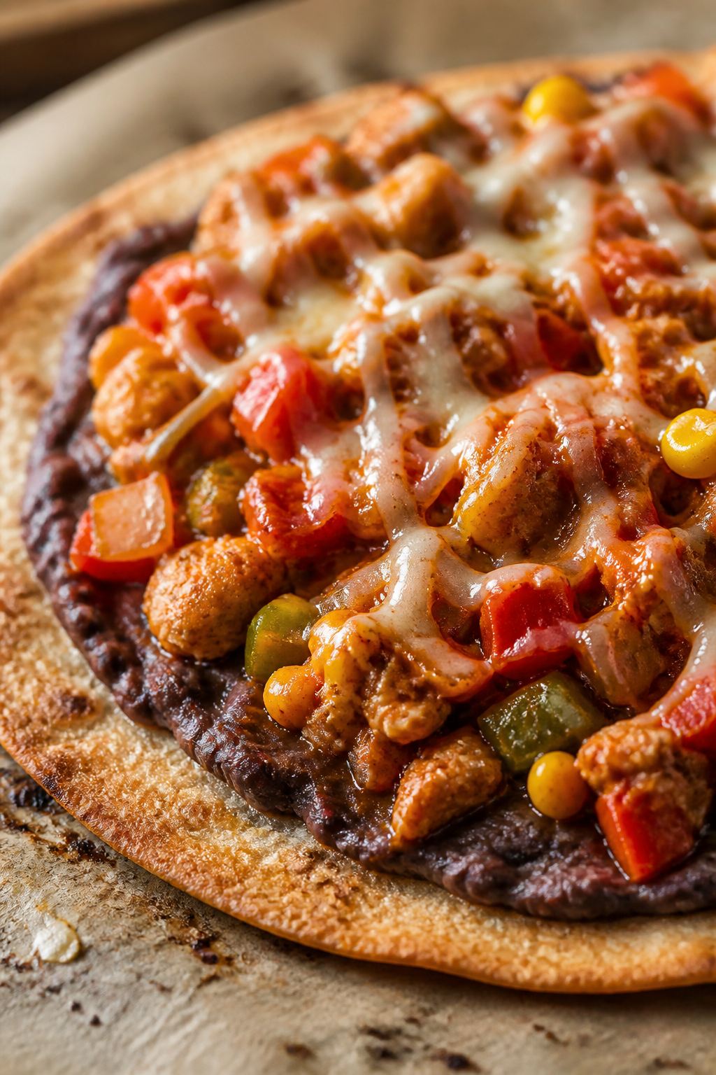 Close-up detail shot: A crisped whole-wheat tortilla just out of the oven, topped with a thin black 