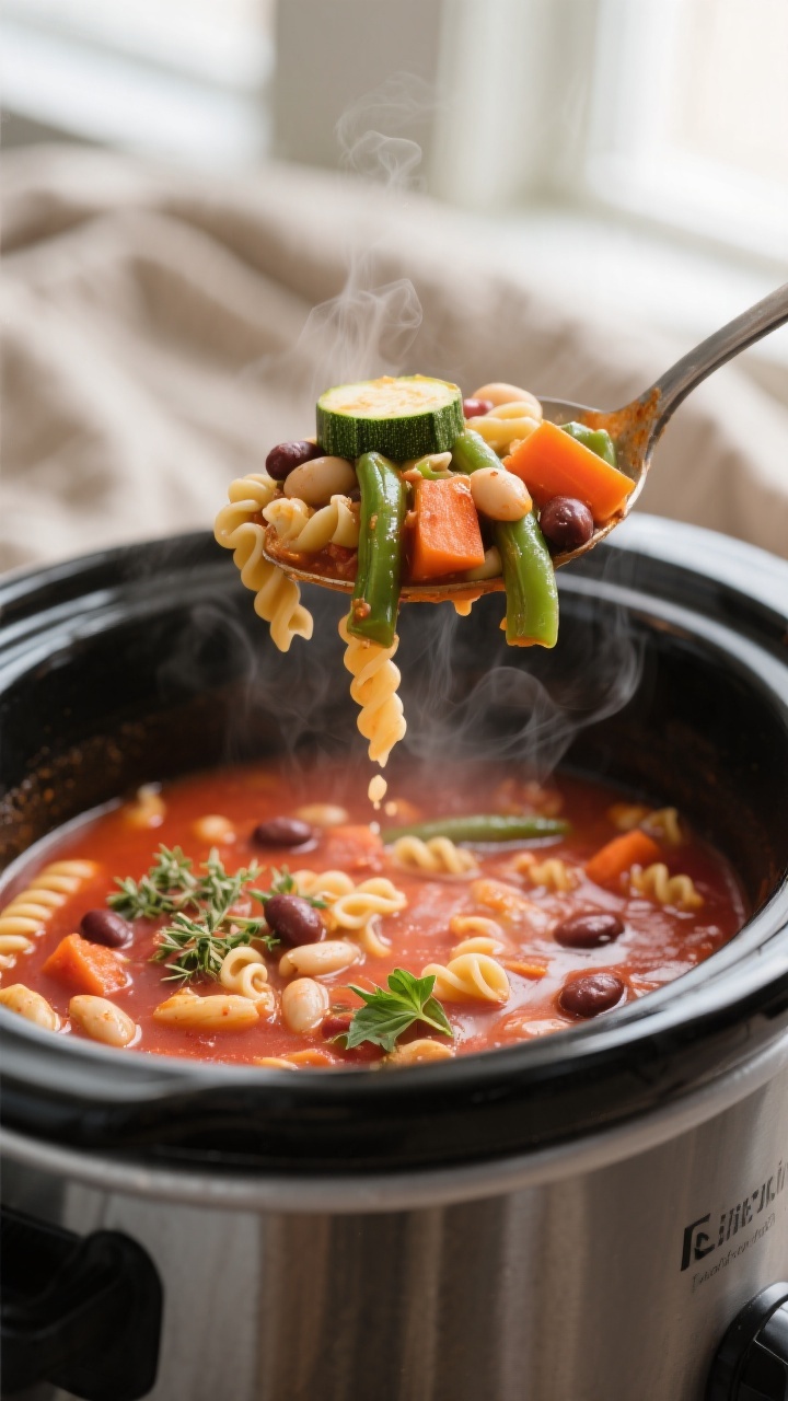 Close-up detail shot: A ladle lifting hearty, fully cooked slow-cooker minestrone from the pot, show