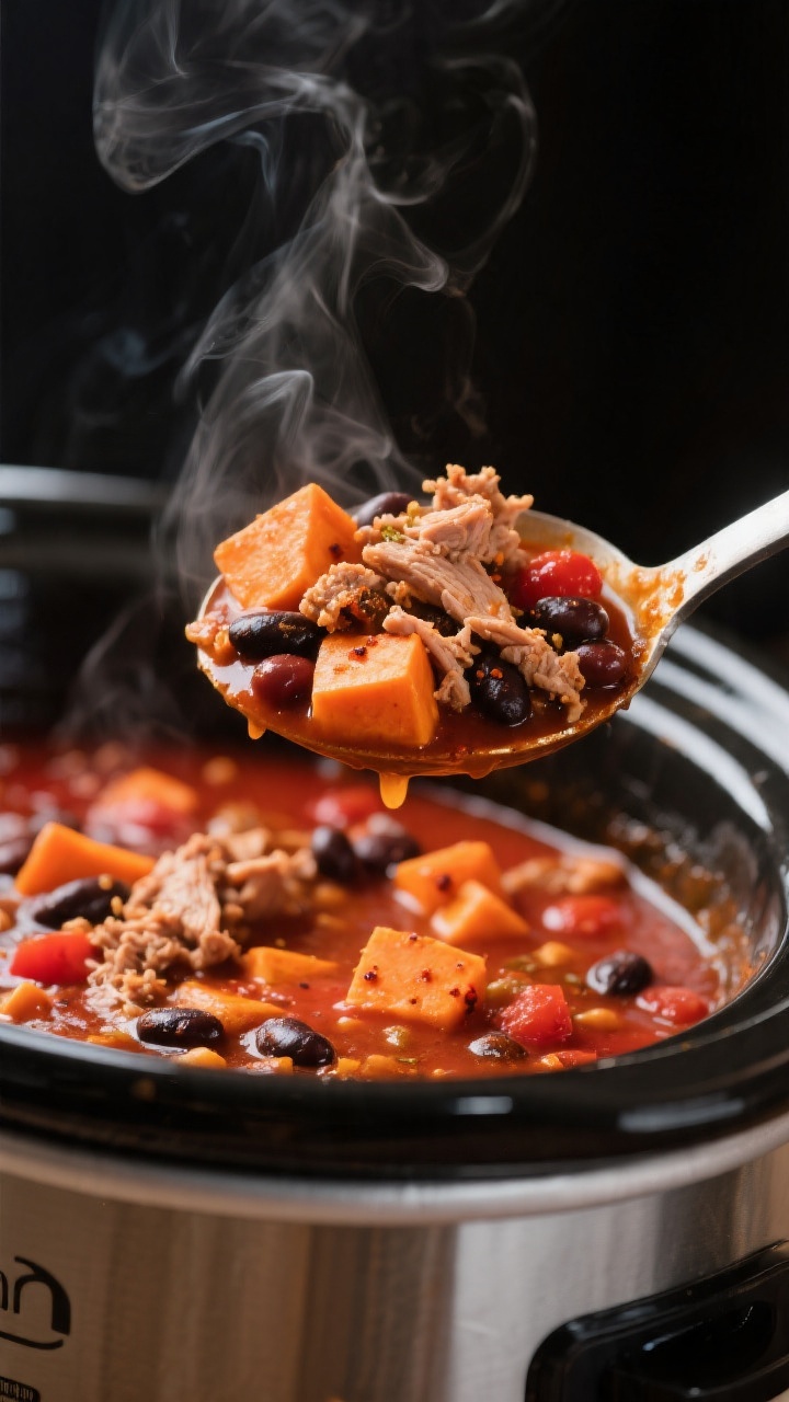 Close-up detail shot: A ladle lifting slow-cooker sweet potato turkey chili, showcasing tender orang