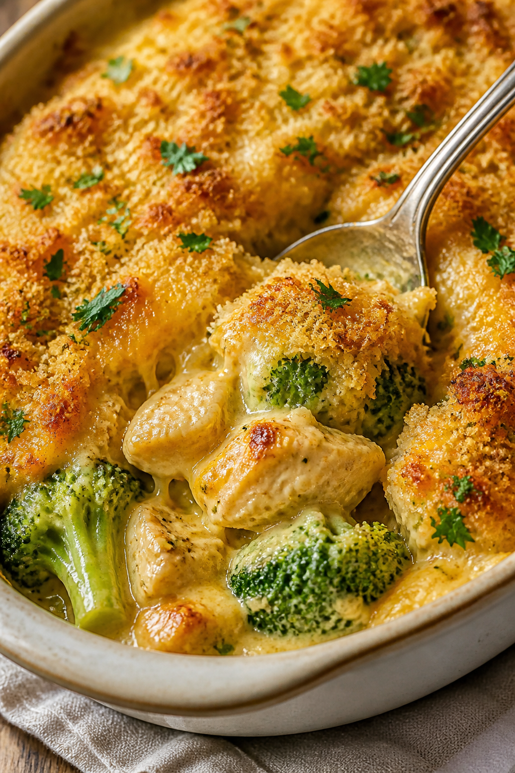 Close-up detail shot: A spoon breaking into the golden cheddar-breadcrumb crust of the baked chicken
