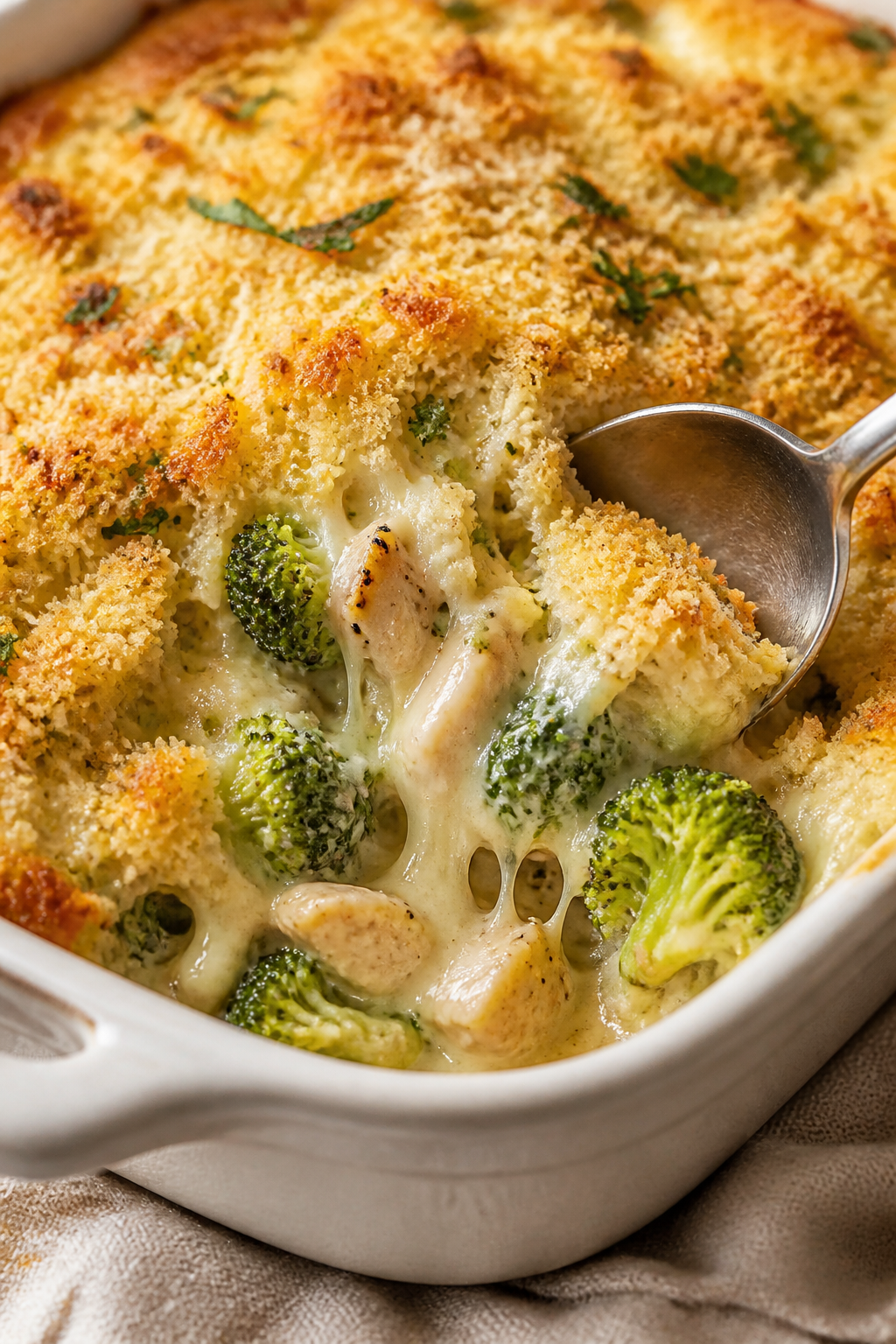 Close-up detail shot: A spoon breaking through the golden, ultra-crispy Parmesan–panko topping of 