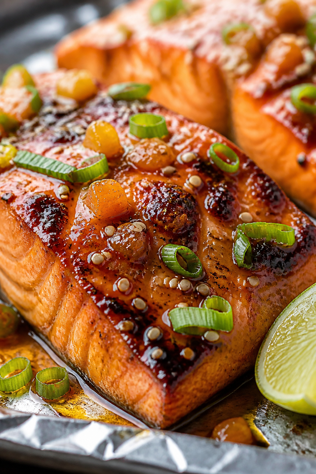 Close-up detail shot: Broiled pineapple-glazed salmon just out of the oven, showing glossy, lacquere
