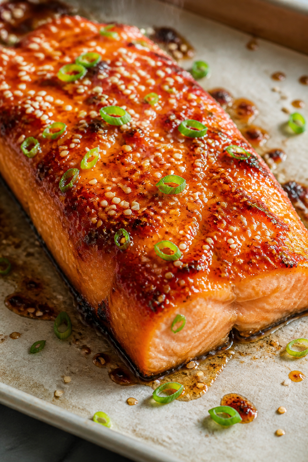 Close-up detail shot: Broiled sweet chili glazed salmon filet just out of the oven, glaze bubbling a