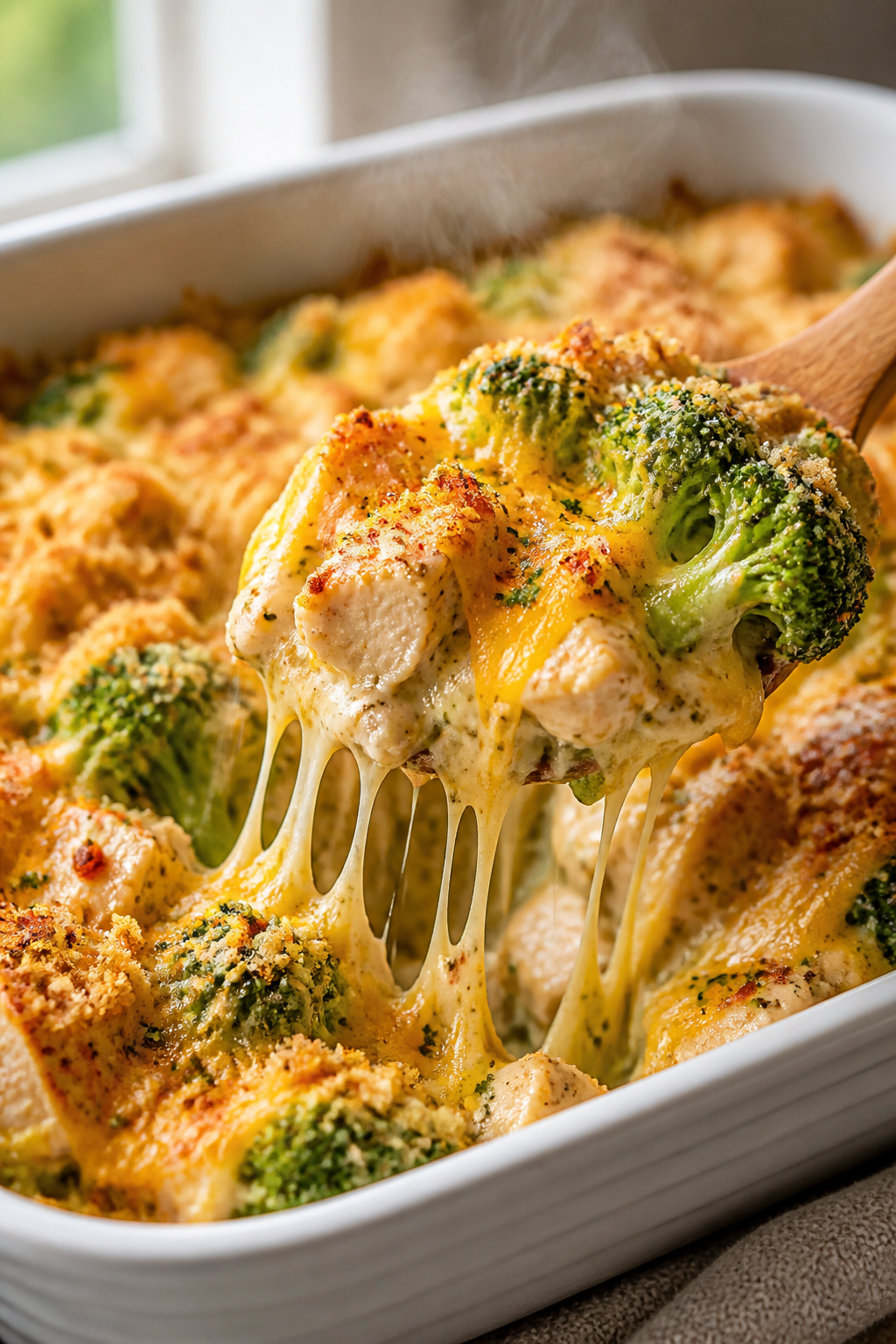 Close-up detail shot: Golden, bubbly Cheesy Ranch Chicken Broccoli just out of the oven, showing mel
