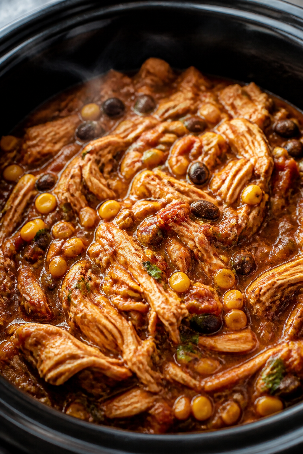 Close-up detail shot: Juicy shredded Mexican chicken mixture just after shredding and stirring back 